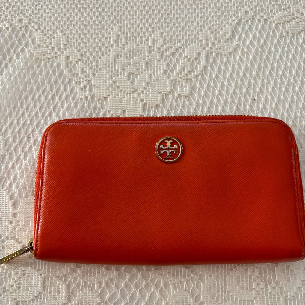 Tory Burch Orange Leather Zip Around Wallet